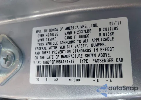 2011 Honda Accord 2.4 Lx z USA, uszkodzony, nr VIN 1HGCP2F39BA234218